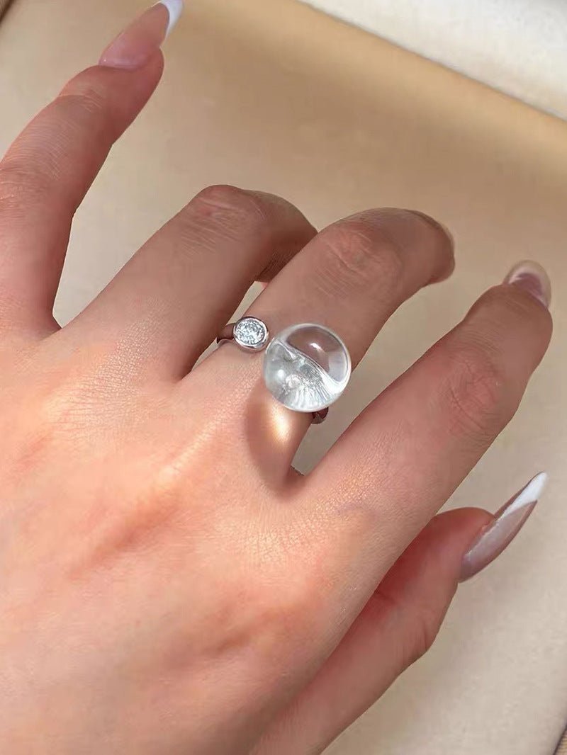 Luminous Clear Quartz Orb Statement Ring - Handcrafted Silver Plated Brass Minimalist Adjustable Ring - floysun