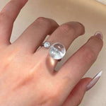 Luminous Clear Quartz Orb Statement Ring - Handcrafted Silver Plated Brass Minimalist Adjustable Ring - floysun