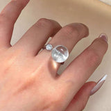 Luminous Clear Quartz Orb Statement Ring - Handcrafted Silver Plated Brass Minimalist Adjustable Ring - floysun