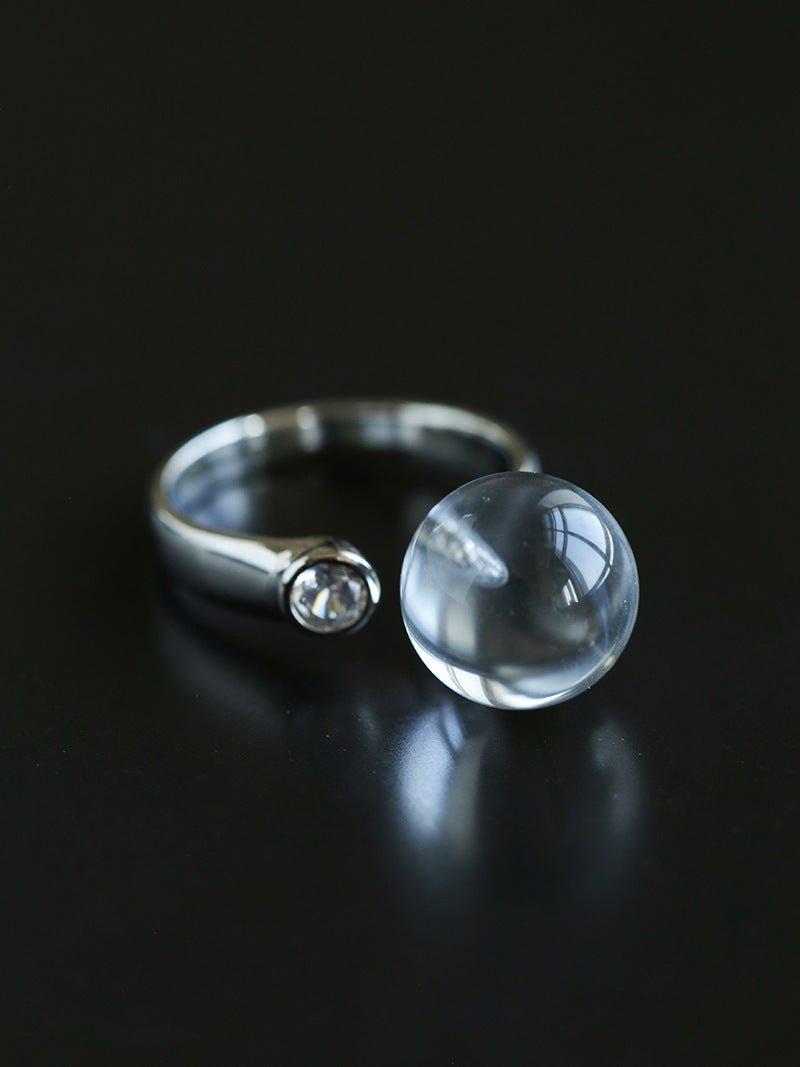 Luminous Clear Quartz Orb Statement Ring - Handcrafted Silver Plated Brass Minimalist Adjustable Ring - floysun