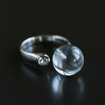 Luminous Clear Quartz Orb Statement Ring - Handcrafted Silver Plated Brass Minimalist Adjustable Ring - floysun