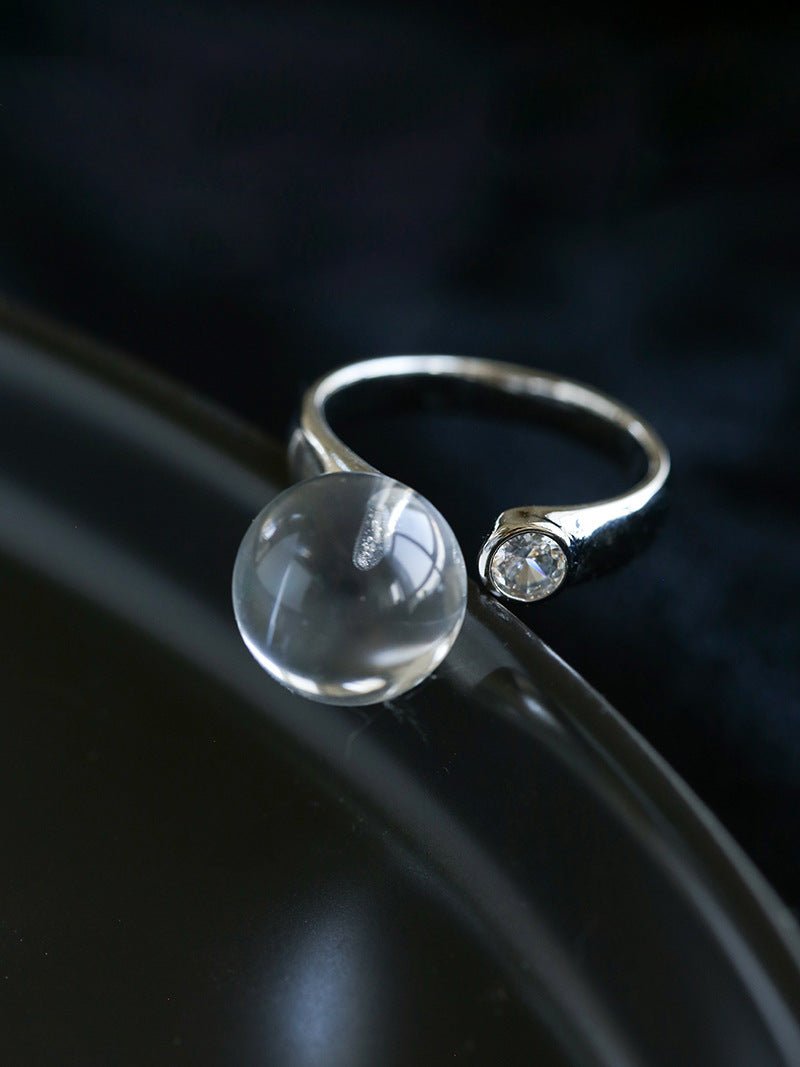 Luminous Clear Quartz Orb Statement Ring - Handcrafted Silver Plated Brass Minimalist Adjustable Ring - floysun