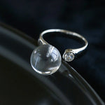 Luminous Clear Quartz Orb Statement Ring - Handcrafted Silver Plated Brass Minimalist Adjustable Ring - floysun