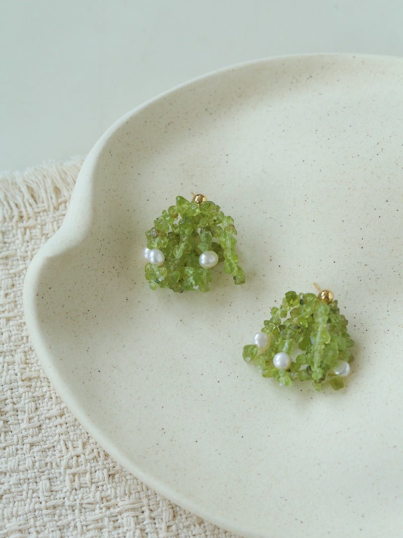 Luminous Peridot & Pearl Drop Earrings | Natural Gemstone Fringe Earrings - floysun
