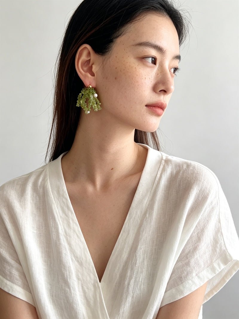 Luminous Peridot & Pearl Drop Earrings | Natural Gemstone Fringe Earrings - floysun