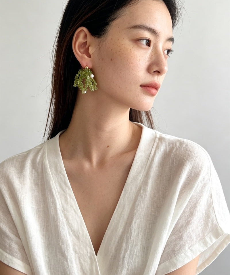 Luminous Peridot & Pearl Drop Earrings | Natural Gemstone Fringe Earrings - floysun