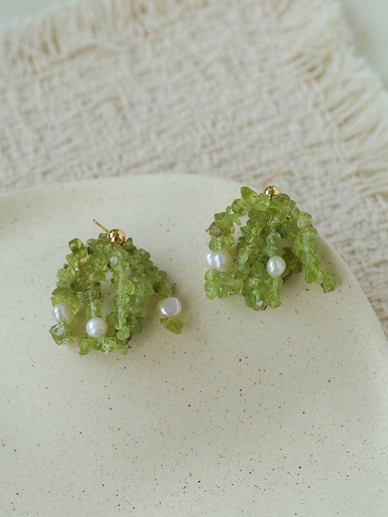 Luminous Peridot & Pearl Drop Earrings | Natural Gemstone Fringe Earrings - floysun