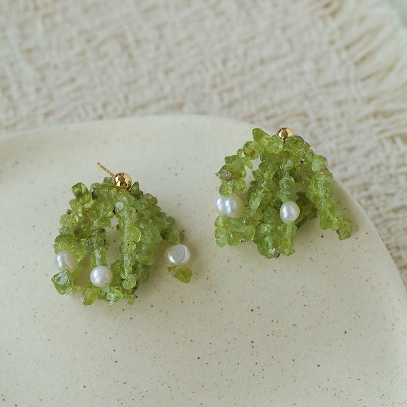 Luminous Peridot & Pearl Drop Earrings | Natural Gemstone Fringe Earrings - floysun