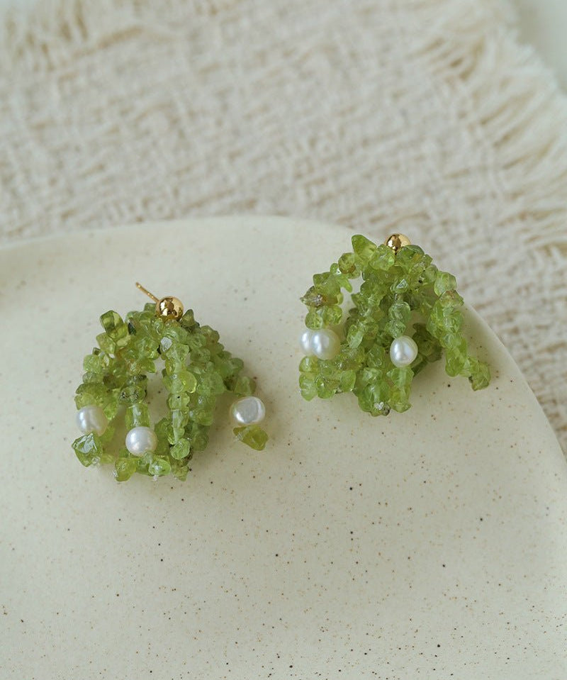 Luminous Peridot & Pearl Drop Earrings | Natural Gemstone Fringe Earrings - floysun