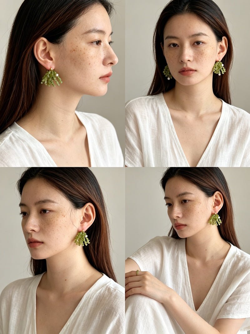 Luminous Peridot & Pearl Drop Earrings | Natural Gemstone Fringe Earrings - floysun