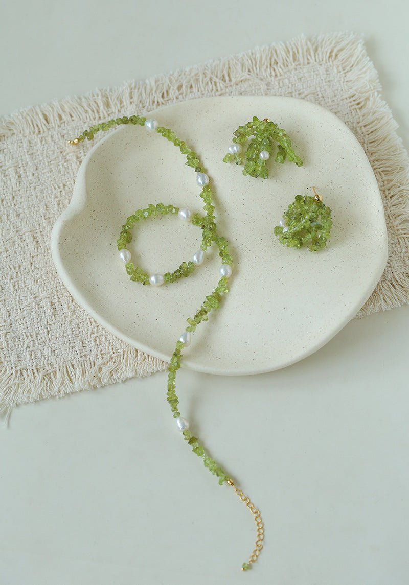 Luminous Peridot & Pearl Drop Earrings | Natural Gemstone Fringe Earrings - floysun