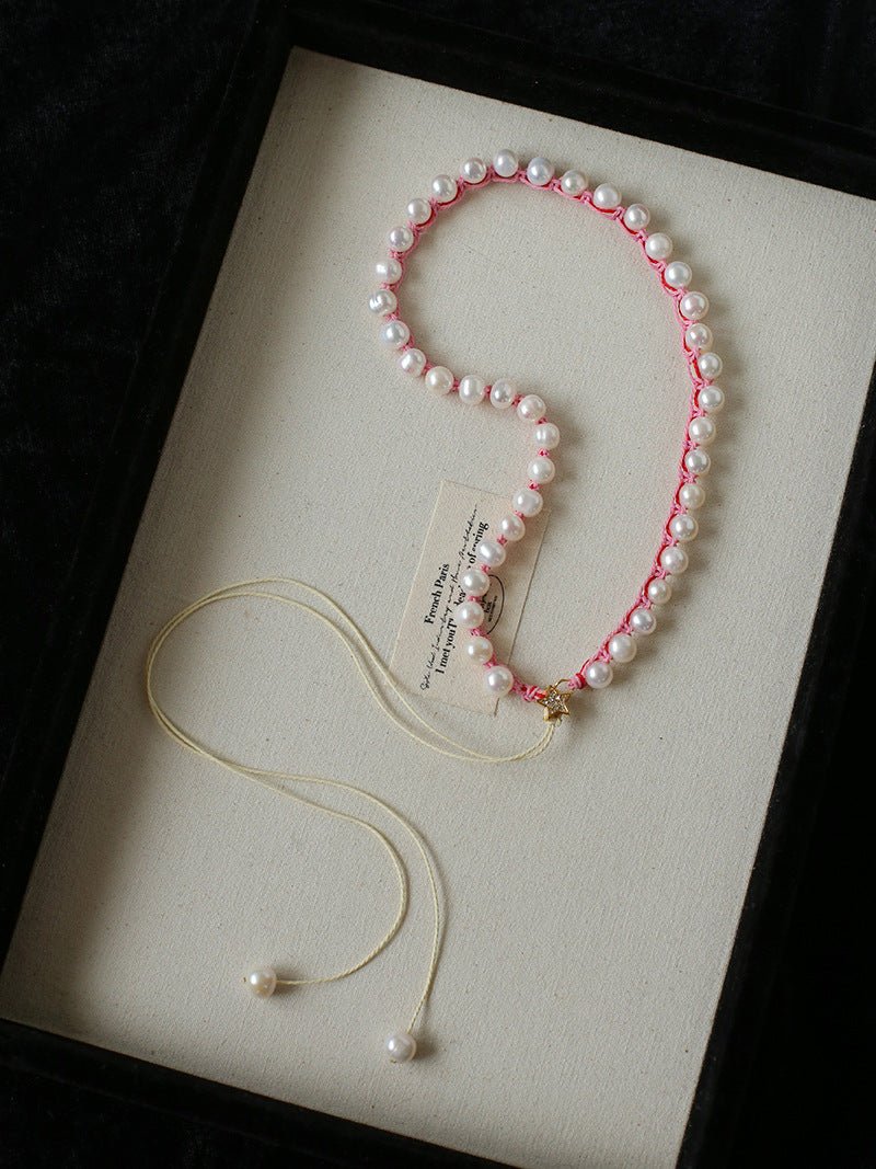 Luminous Star Adjustable Cord Pearl Necklace - Hand - Woven Floating Freshwater Pearl Choker - floysun