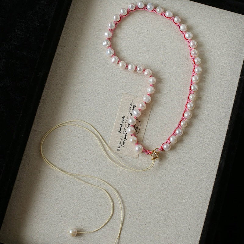 Luminous Star Adjustable Cord Pearl Necklace - Hand - Woven Floating Freshwater Pearl Choker - floysun