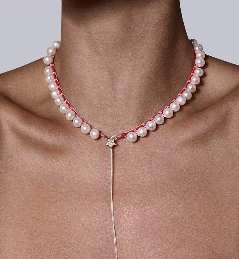 Luminous Star Adjustable Cord Pearl Necklace - Hand - Woven Floating Freshwater Pearl Choker - floysun