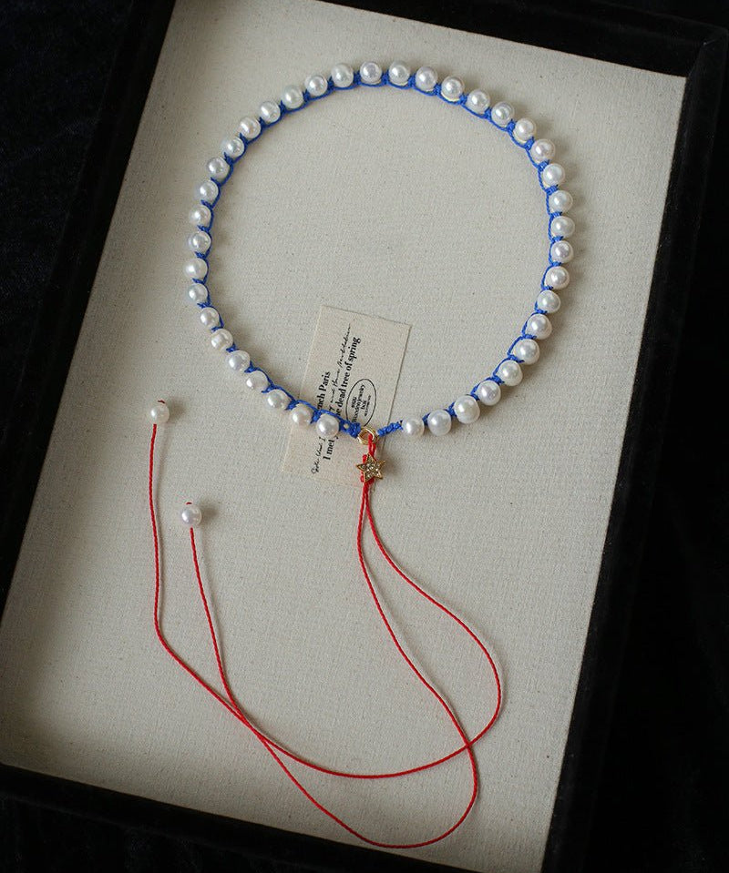 Luminous Star Adjustable Cord Pearl Necklace - Hand - Woven Floating Freshwater Pearl Choker - floysun