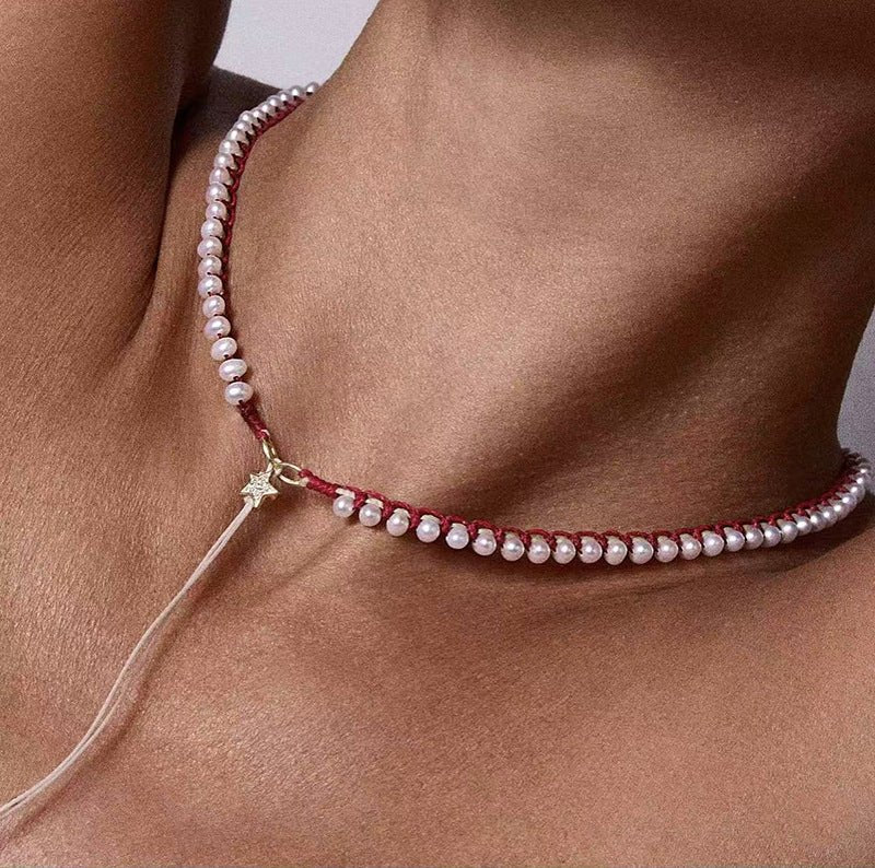 Luminous Star Adjustable Cord Pearl Necklace - Hand - Woven Floating Freshwater Pearl Choker - floysun