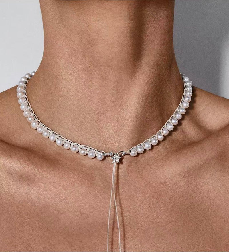 Luminous Star Adjustable Cord Pearl Necklace - Hand - Woven Floating Freshwater Pearl Choker - floysun