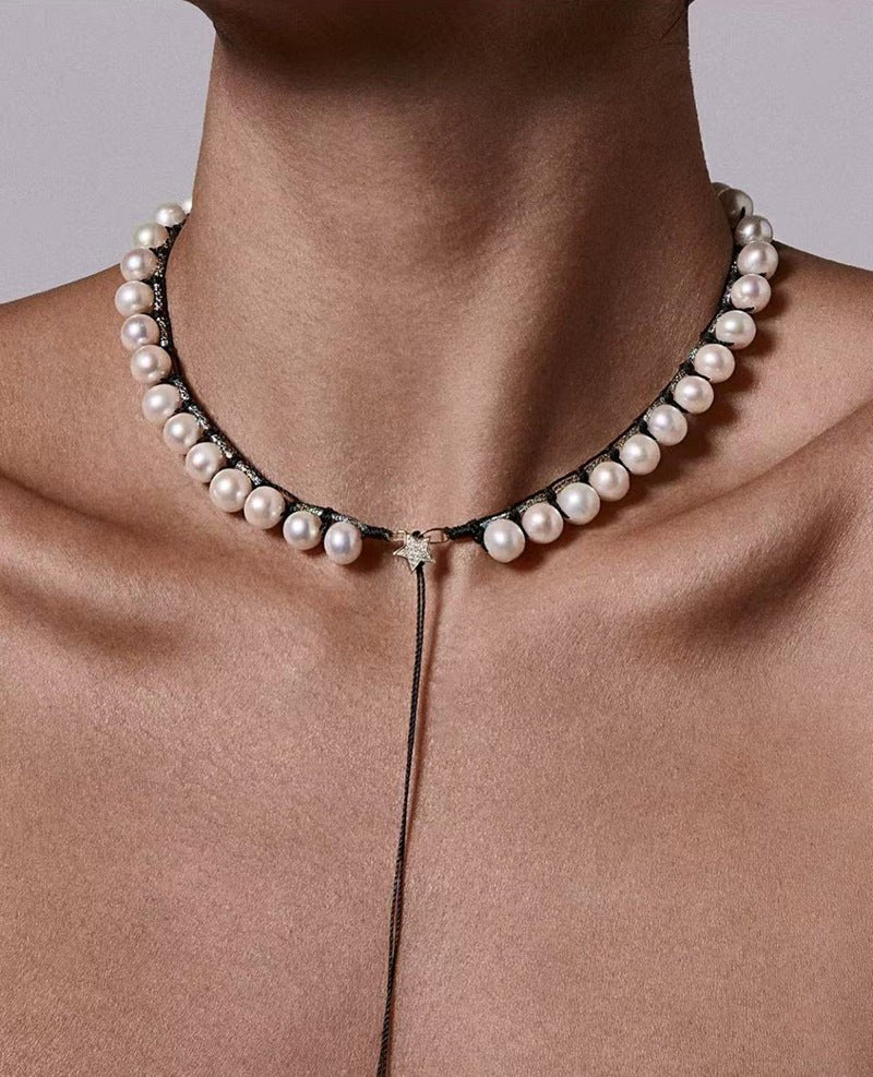 Luminous Star Adjustable Cord Pearl Necklace - Hand - Woven Floating Freshwater Pearl Choker - floysun