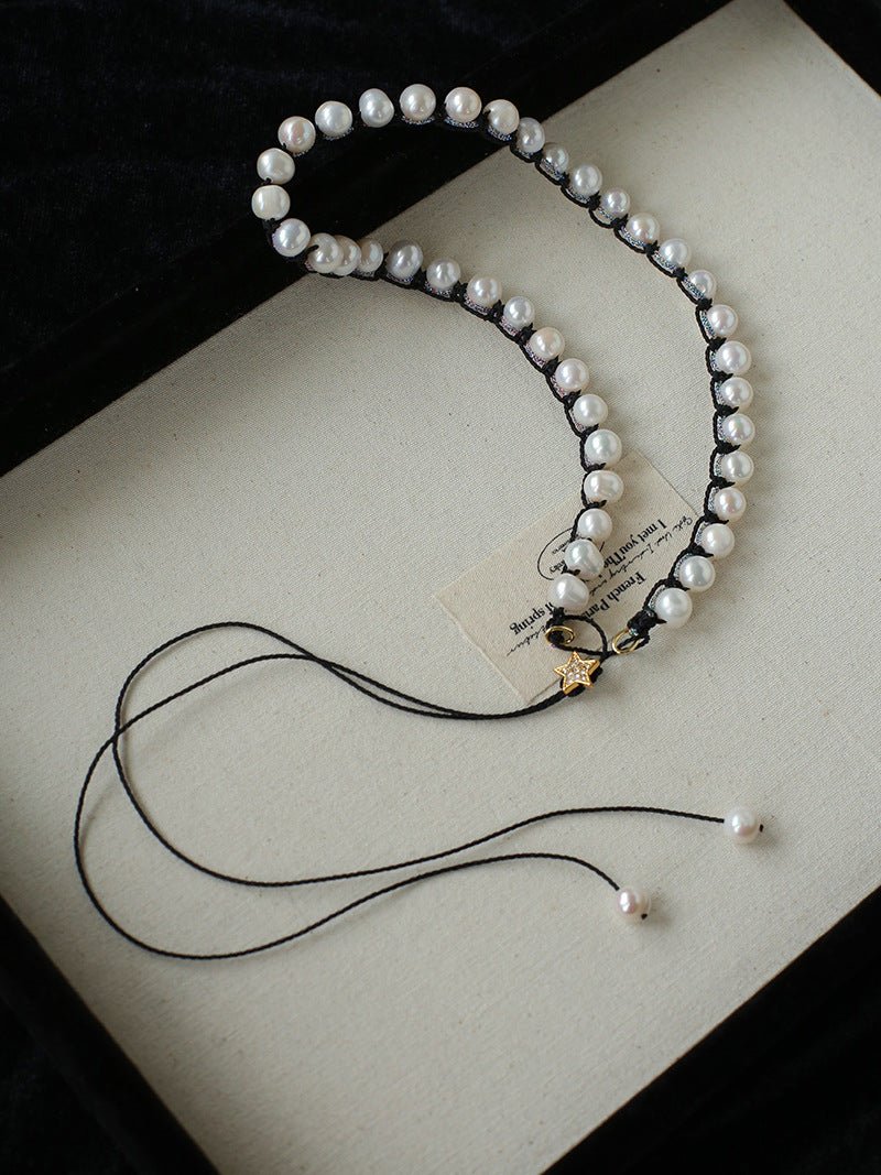 Luminous Star Adjustable Cord Pearl Necklace - Hand - Woven Floating Freshwater Pearl Choker - floysun