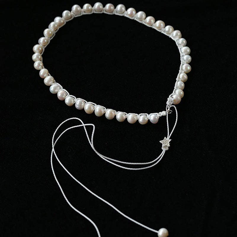 Luminous Star Adjustable Cord Pearl Necklace - Hand - Woven Floating Freshwater Pearl Choker - floysun