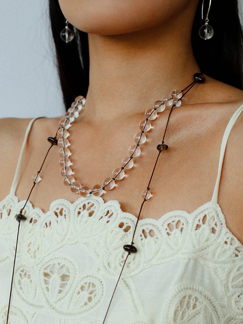 Lunar Drift – White Quartz & Smoky Quartz Open - Ended Tassel Necklace - floysun