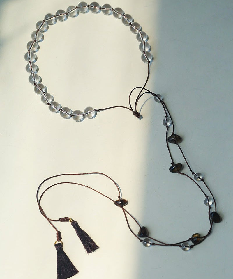 Lunar Drift – White Quartz & Smoky Quartz Open - Ended Tassel Necklace - floysun
