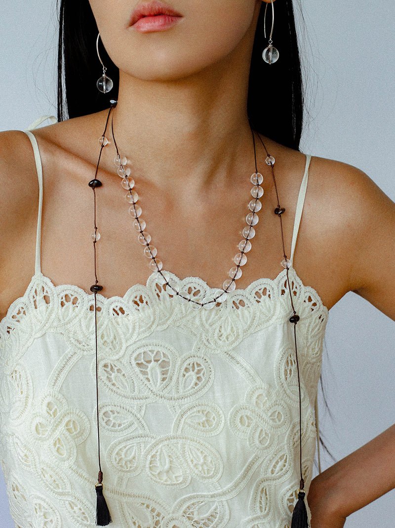 Lunar Drift – White Quartz & Smoky Quartz Open - Ended Tassel Necklace - floysun