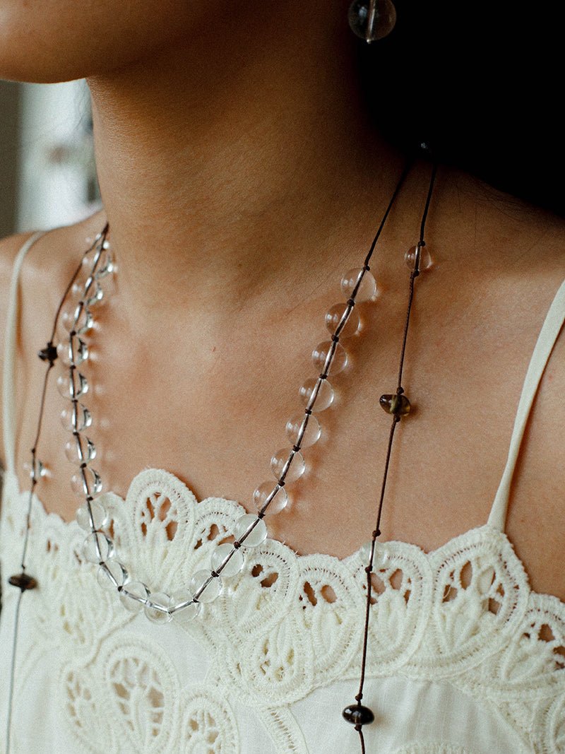 Lunar Drift – White Quartz & Smoky Quartz Open - Ended Tassel Necklace - floysun