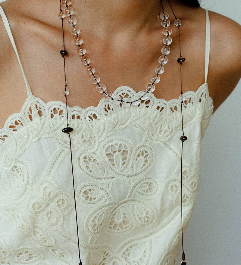 Lunar Drift – White Quartz & Smoky Quartz Open - Ended Tassel Necklace - floysun