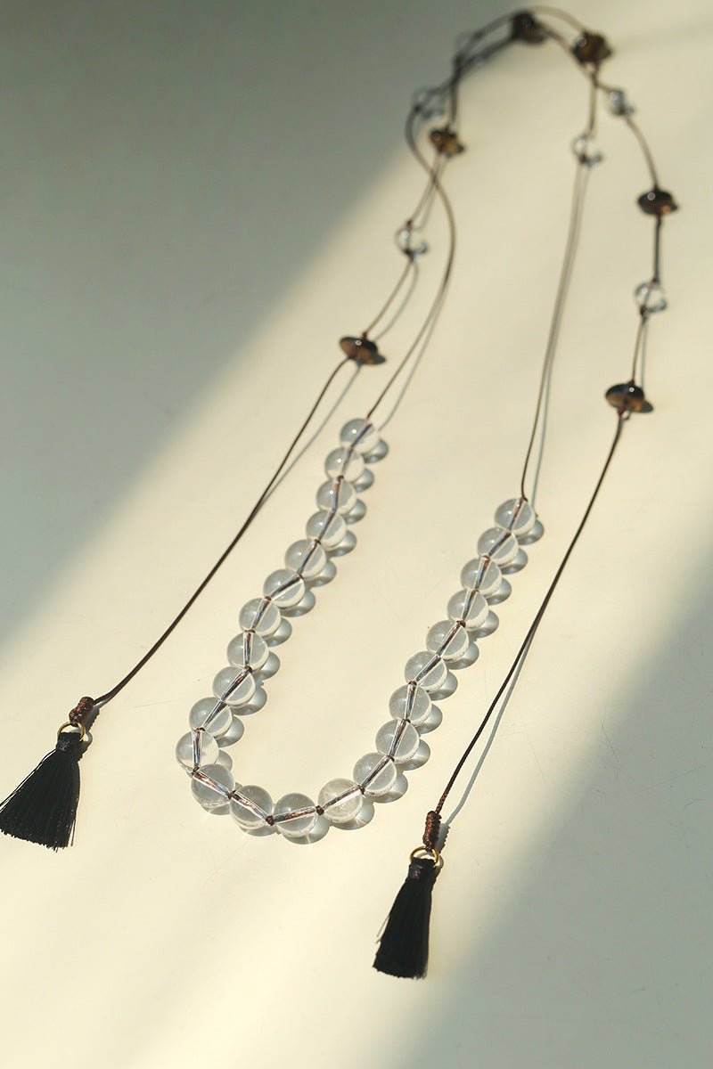 Lunar Drift – White Quartz & Smoky Quartz Open - Ended Tassel Necklace - floysun