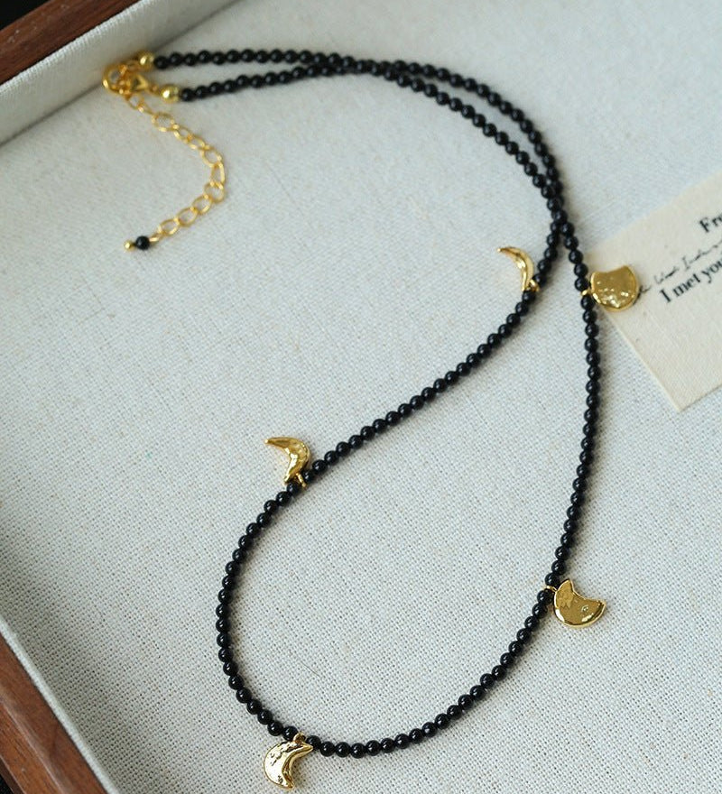 Lunar Phases Black Onyx Beaded Necklace - floysun