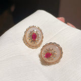 Luxury Craft Vintage Court - Style Ruby & Mother - of - Pearl Cabochon Stud Earrings - floysun