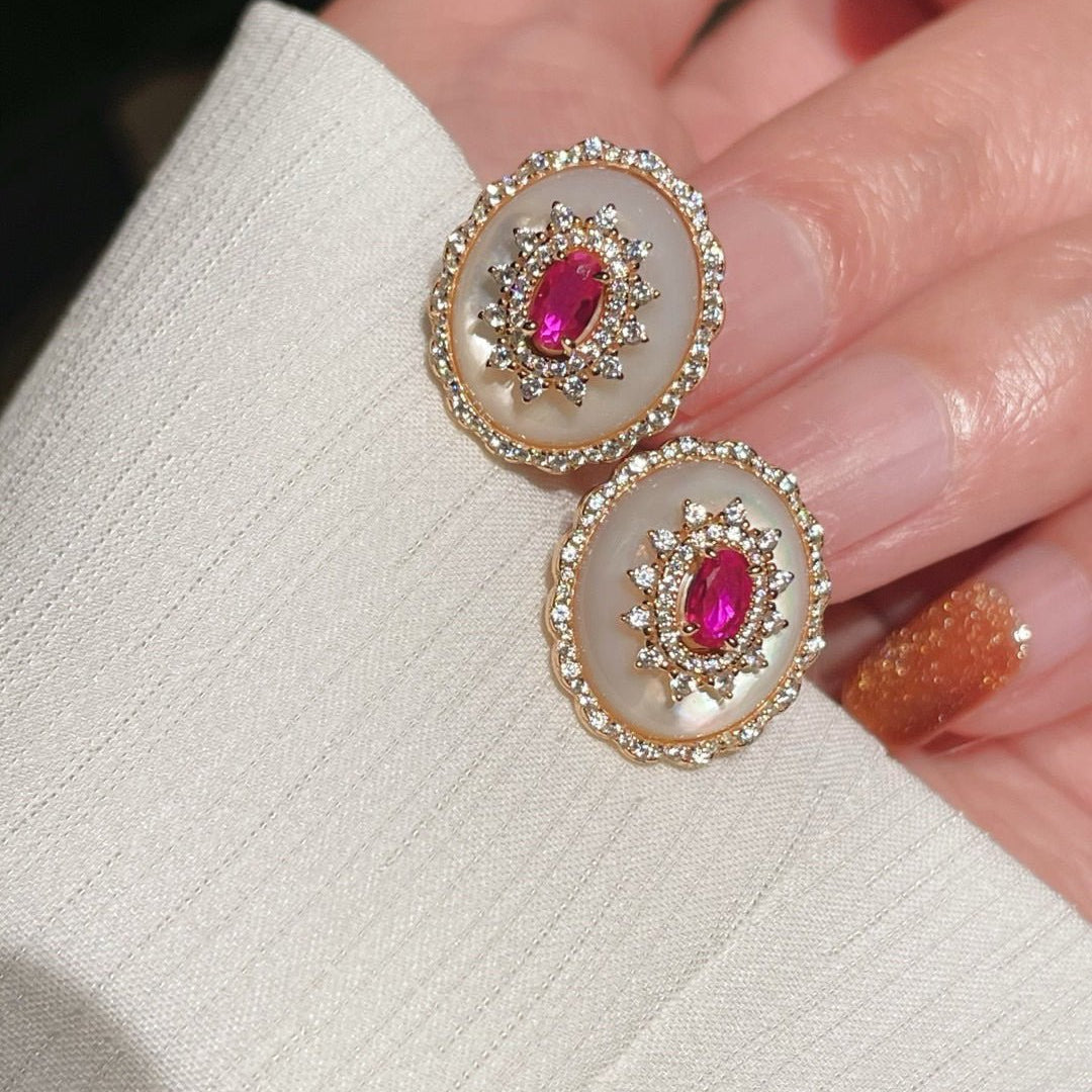 Luxury Craft Vintage Court - Style Ruby & Mother - of - Pearl Cabochon Stud Earrings - floysun