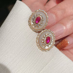 Luxury Craft Vintage Court - Style Ruby & Mother - of - Pearl Cabochon Stud Earrings - floysun