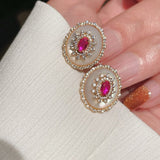 Luxury Craft Vintage Court - Style Ruby & Mother - of - Pearl Cabochon Stud Earrings - floysun