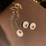 Luxury Craft Vintage Court - Style Ruby & Mother - of - Pearl Cabochon Stud Earrings - floysun