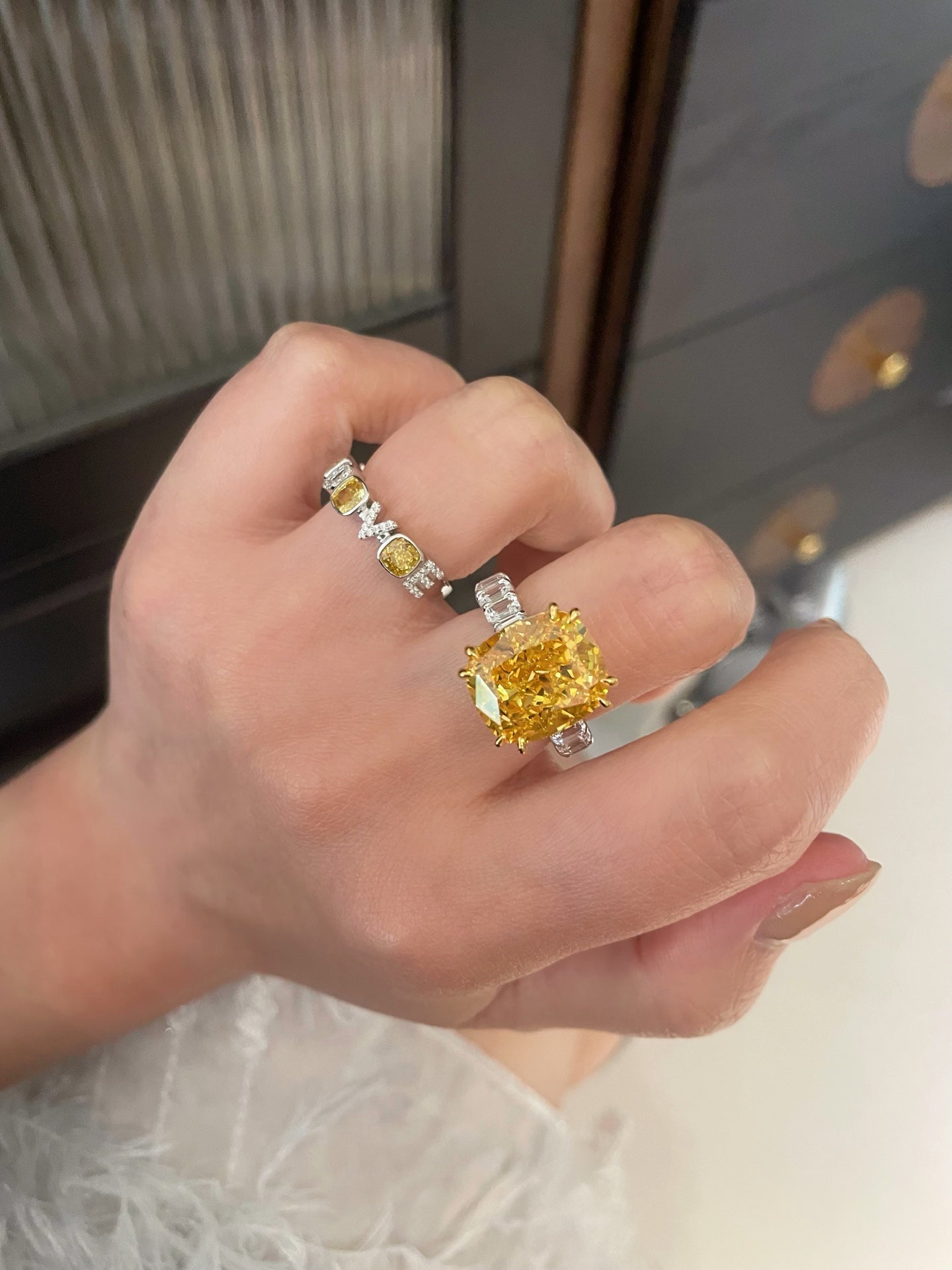 Luxury Cushion - Cut Yellow Lab Diamond Ring - floysun