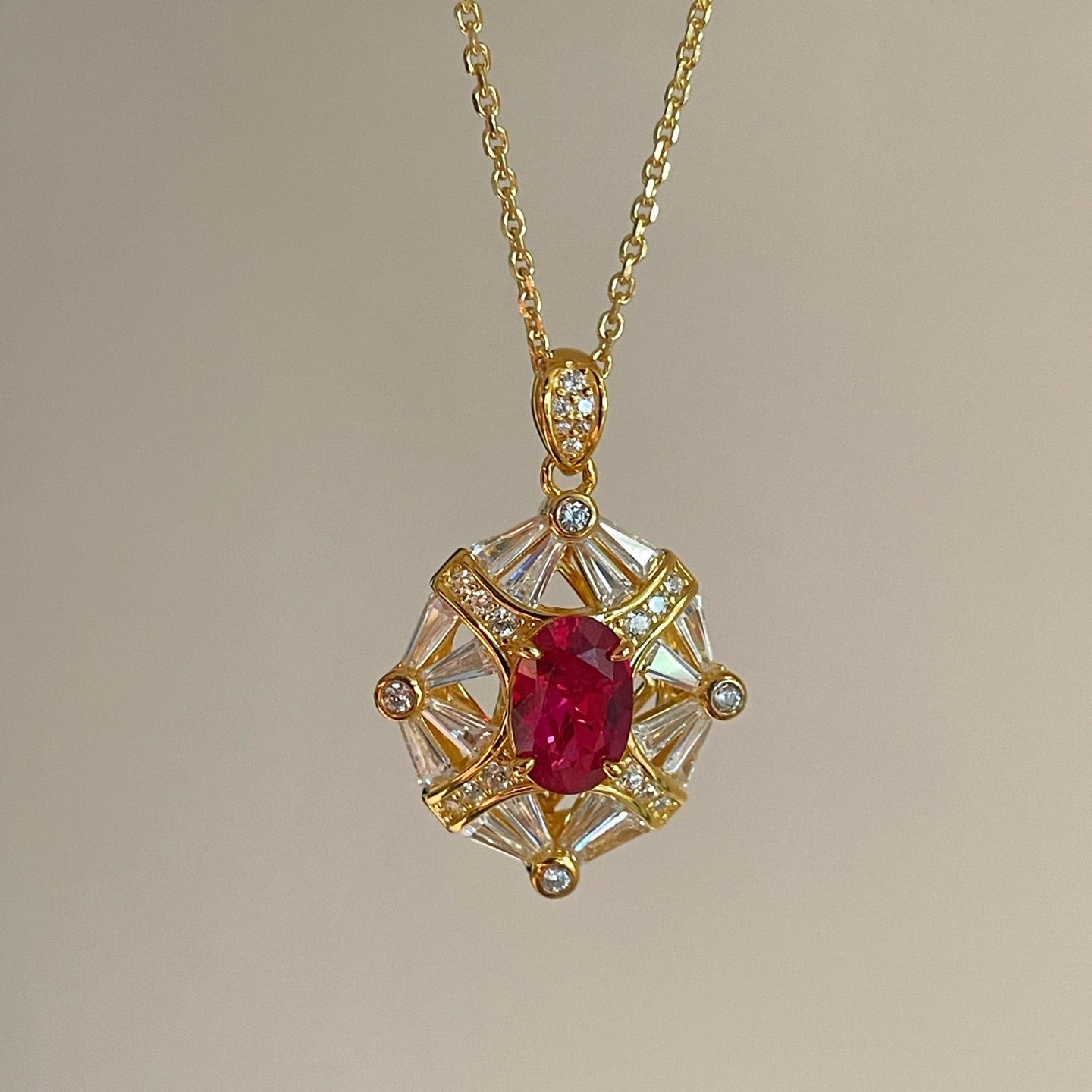 Luxury Eight-Pointed Star Synthetic Ruby Halo Pendant Necklace - floysun