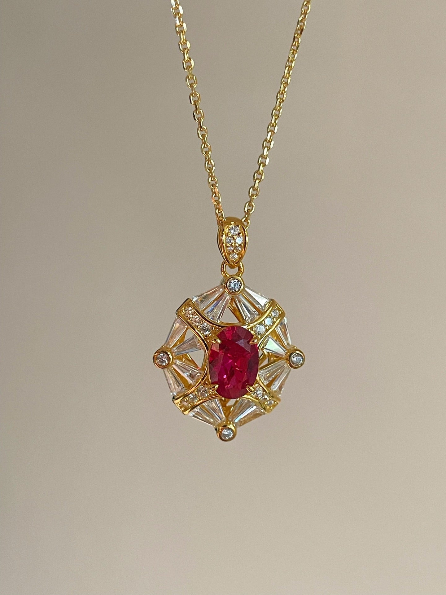 Luxury Eight-Pointed Star Synthetic Ruby Halo Pendant Necklace - floysun