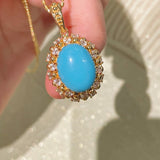 Luxury Full Pavé Turquoise - Blue Halo Pendant Necklace - floysun