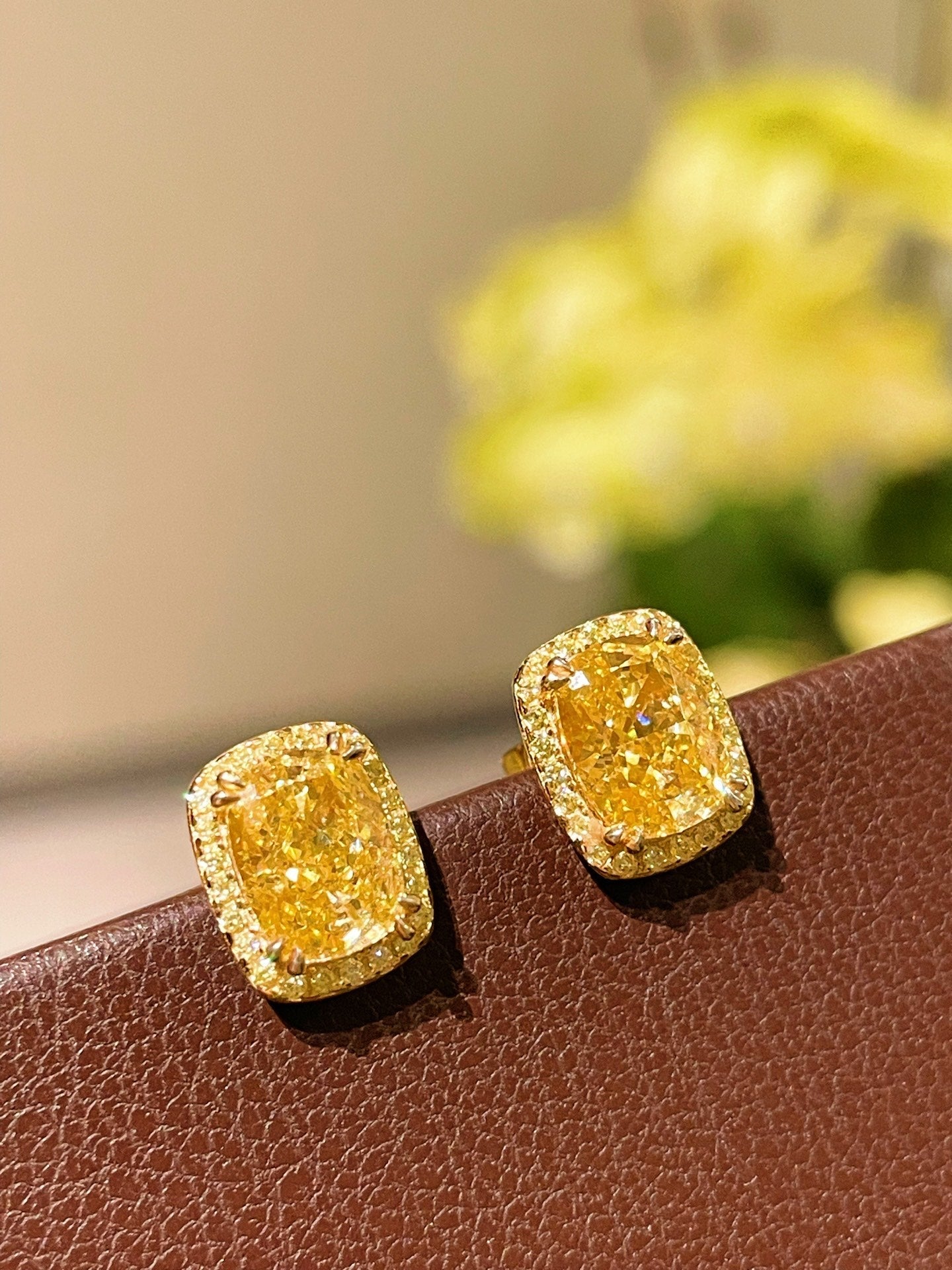 Luxury K Yellow Asscher - Cut Diamond Stud Earrings - floysun