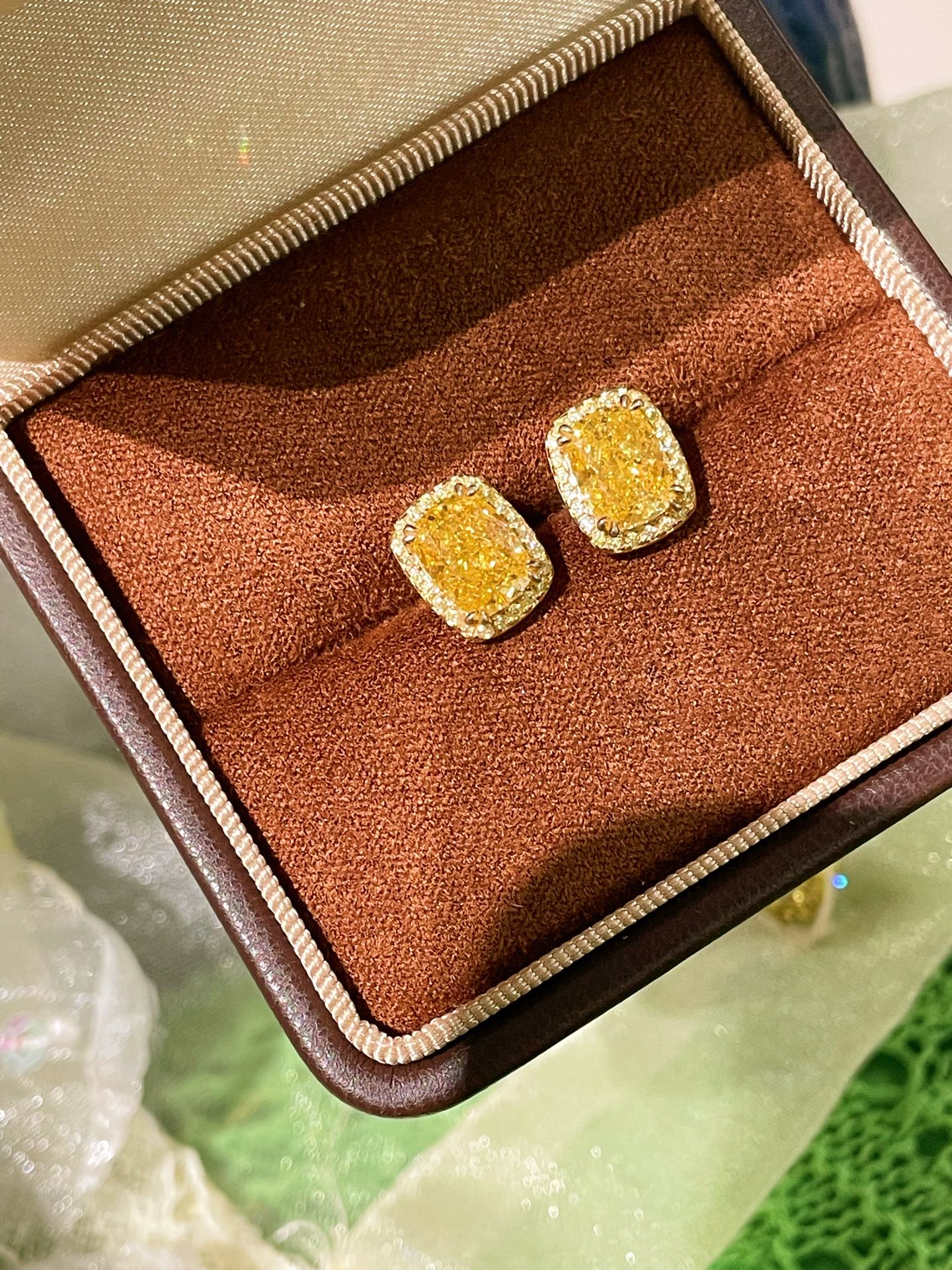 Luxury K Yellow Asscher - Cut Diamond Stud Earrings - floysun