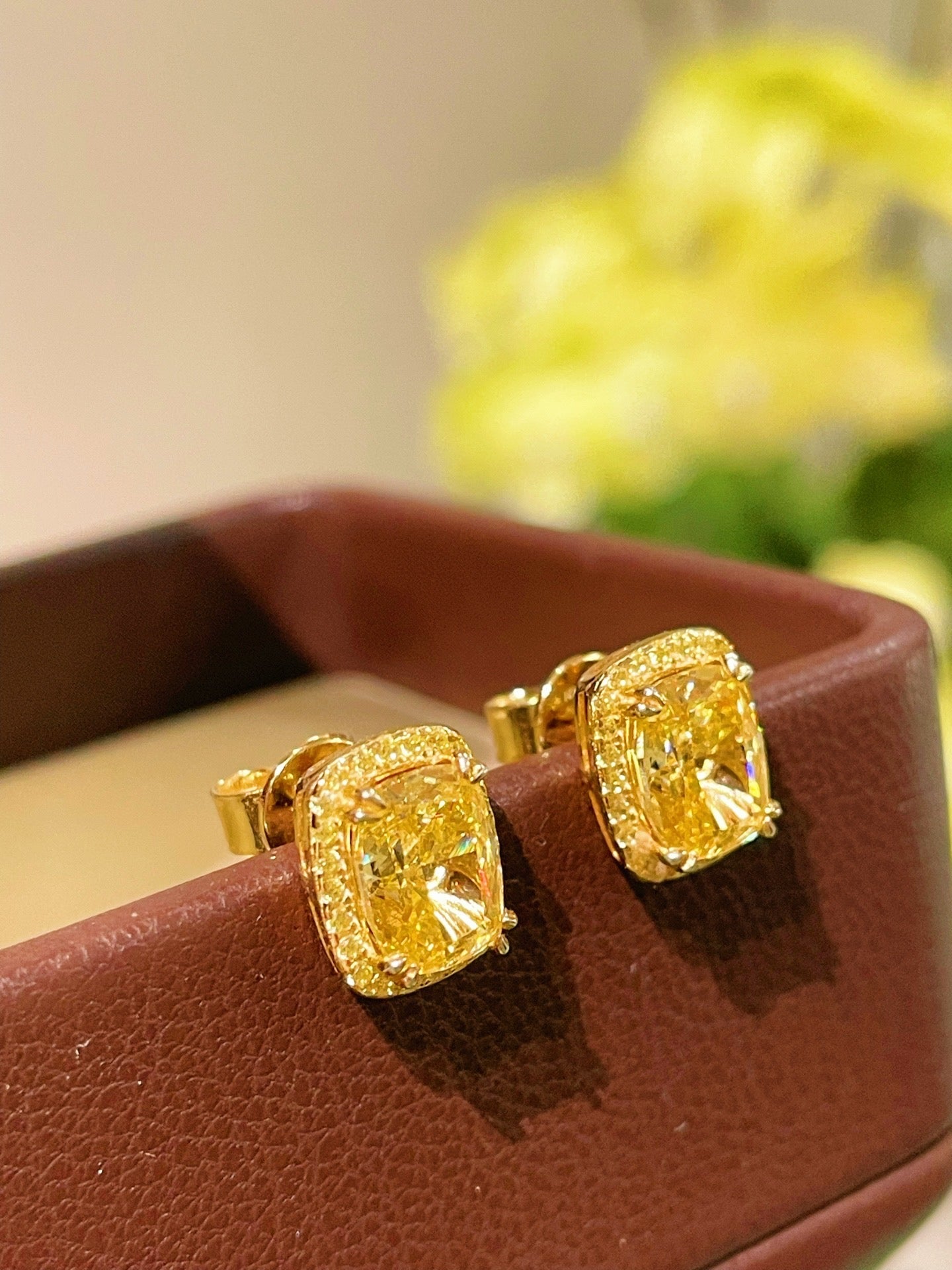 Luxury K Yellow Asscher - Cut Diamond Stud Earrings - floysun