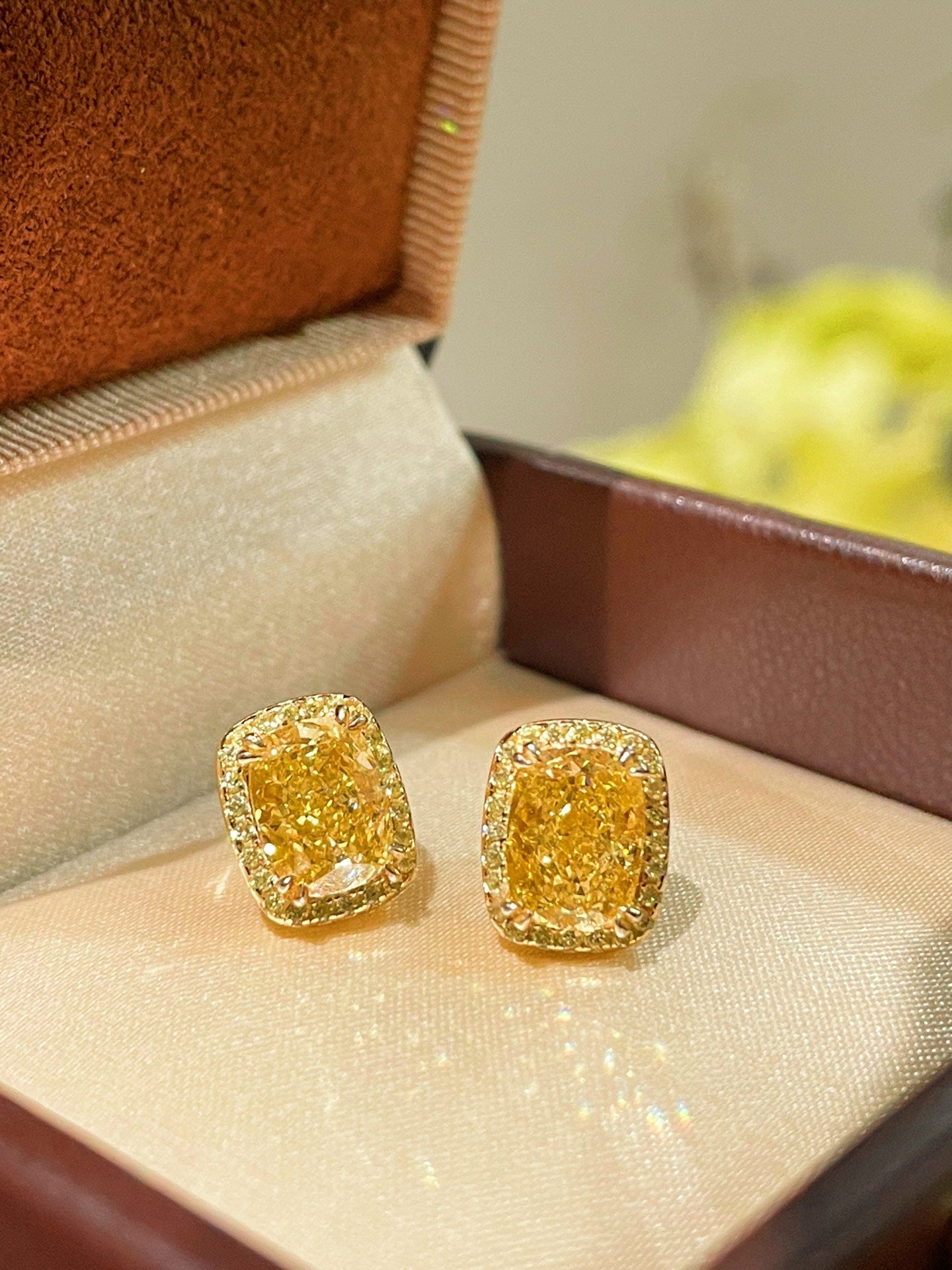 Luxury K Yellow Asscher - Cut Diamond Stud Earrings - floysun