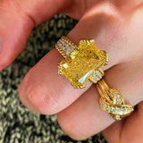Luxury Twisted Band Cushion Synthetic Yellow Diamond Ring - floysun