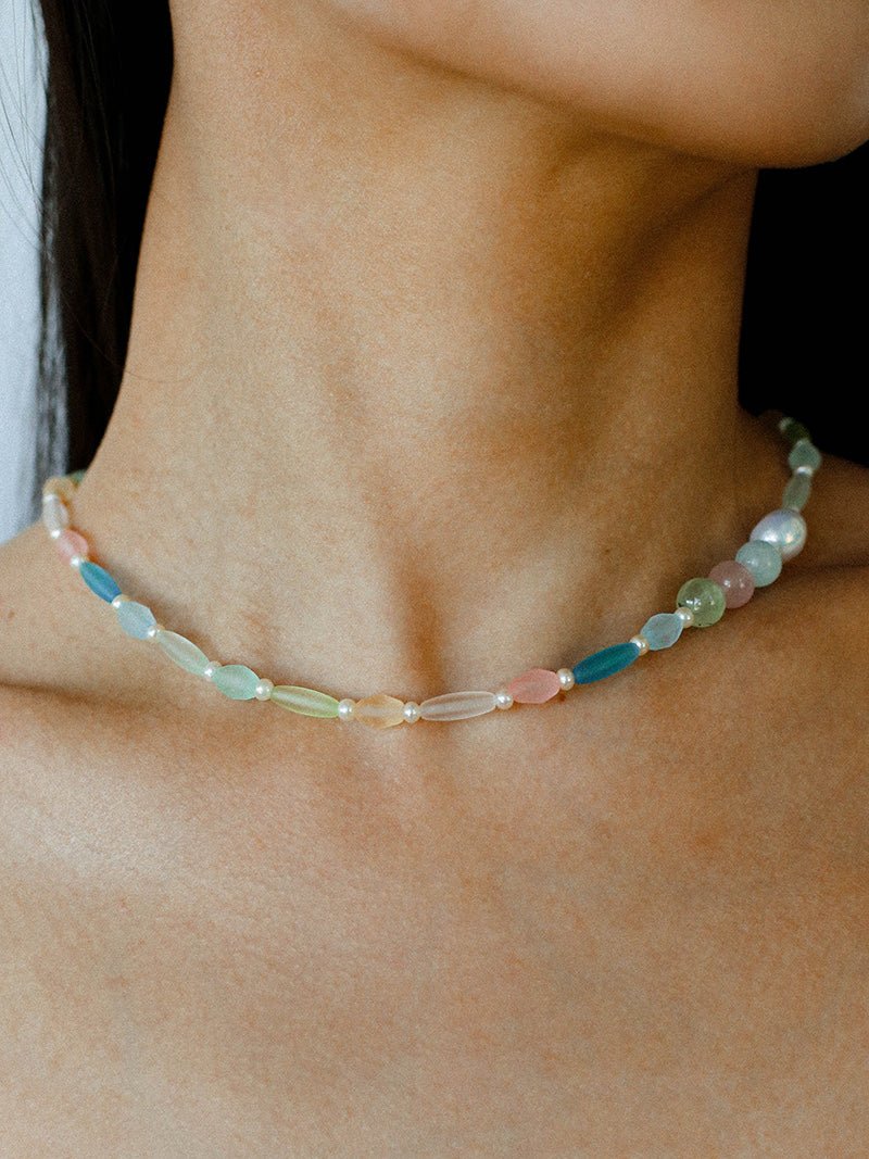 Macaron Matte Glass Freshwater Pearl Collarbone Necklace - floysun