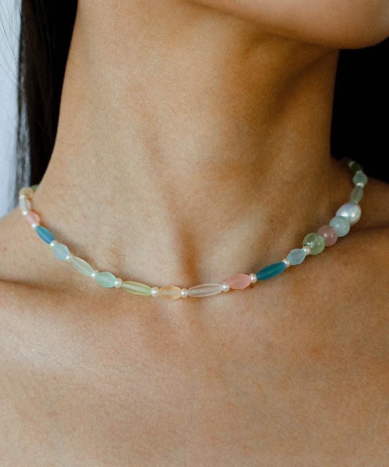 Macaron Matte Glass Freshwater Pearl Collarbone Necklace - floysun