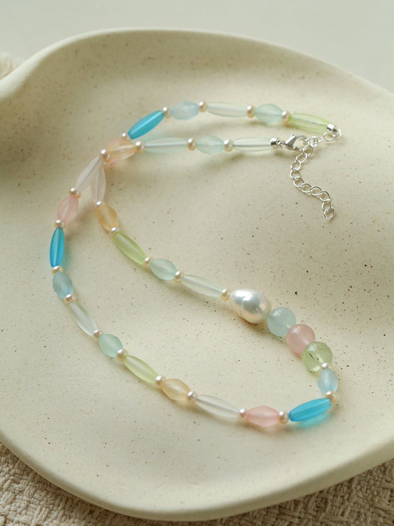 Macaron Matte Glass Freshwater Pearl Collarbone Necklace - floysun