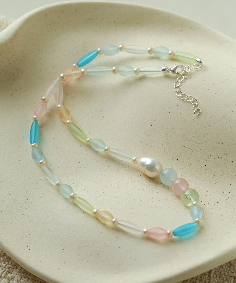 Macaron Matte Glass Freshwater Pearl Collarbone Necklace - floysun