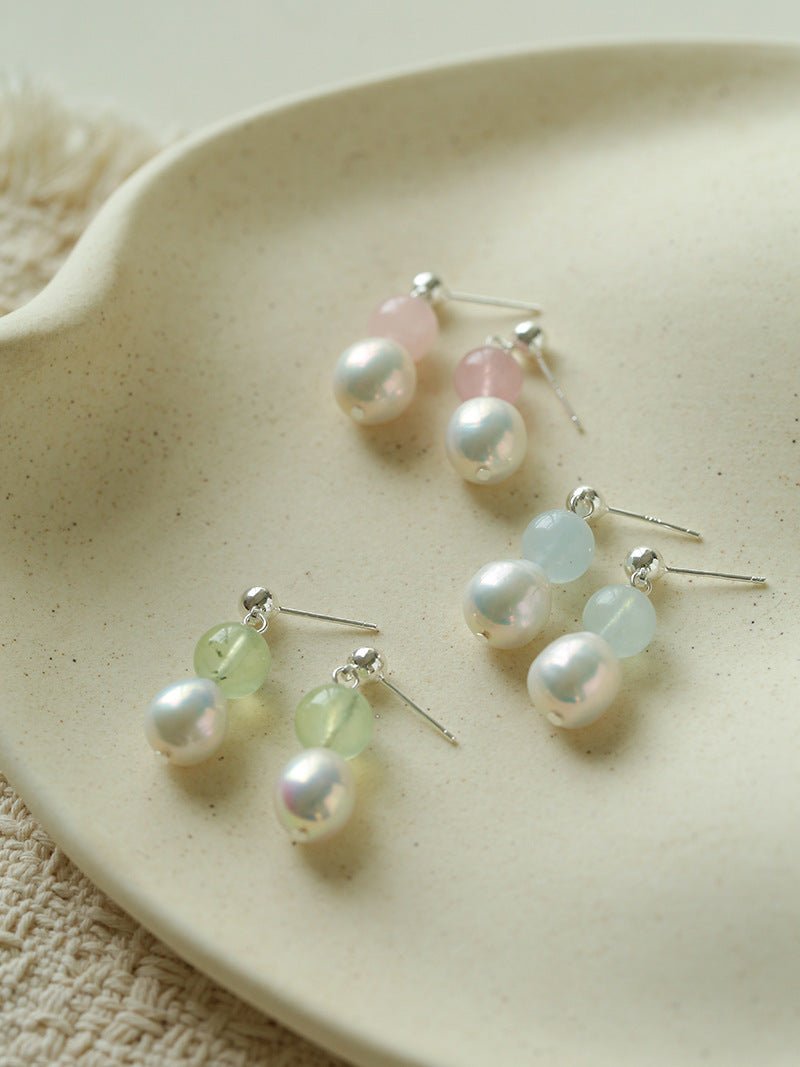 Macaron Three-Tone Crystal Freshwater Pearl Drop Earrings - floysun